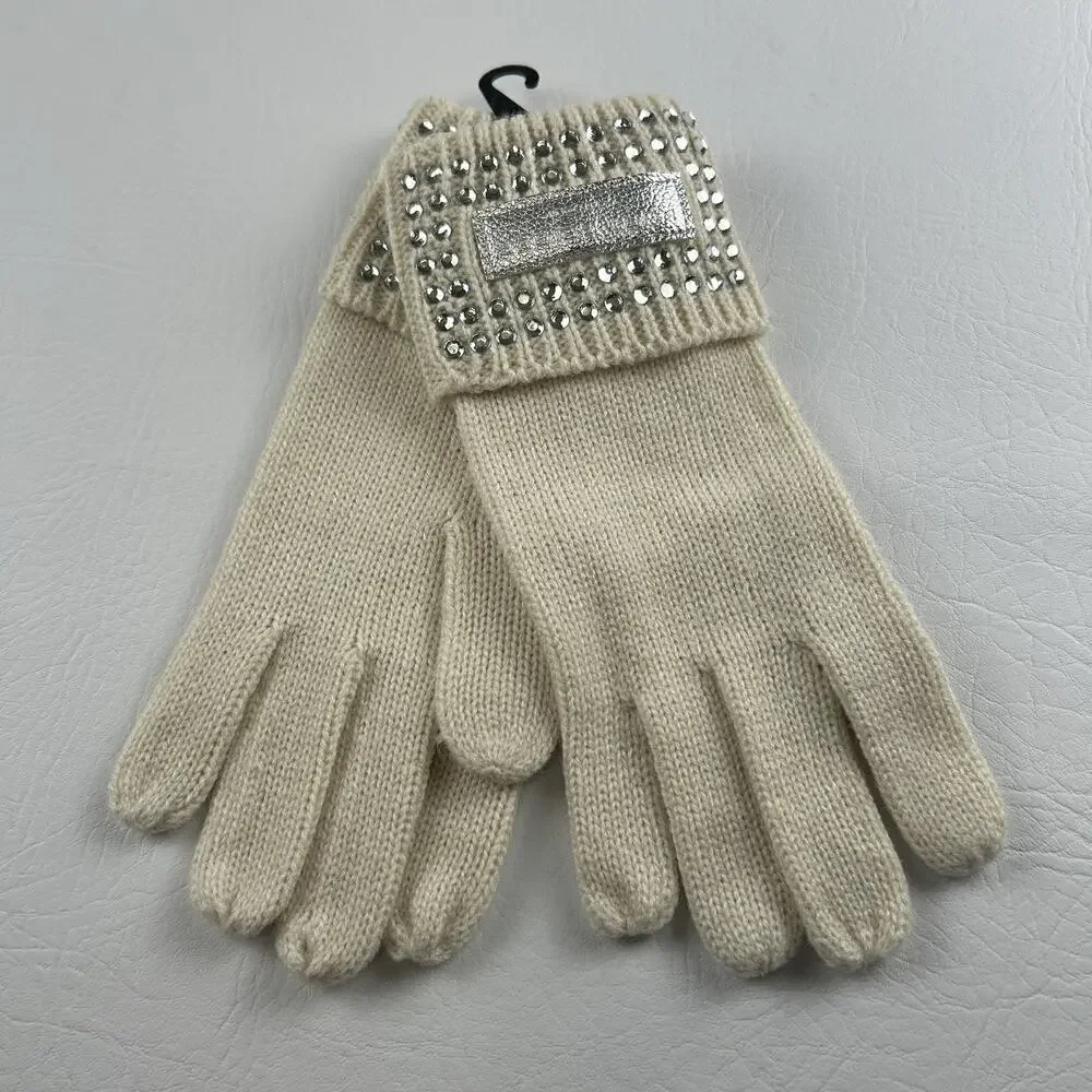 Kurt Geiger London Crystal Cuff Gloves Bone Rhinestone Embellished One Size NWT